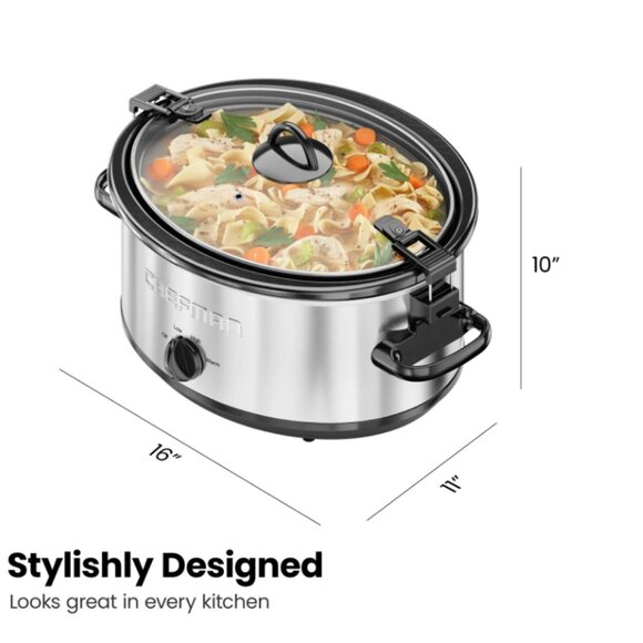 6 Qt. Slow Cooker w/ Locking Lid and Three Heat Settings - Stainless Steel, New - Picture 2 of 9